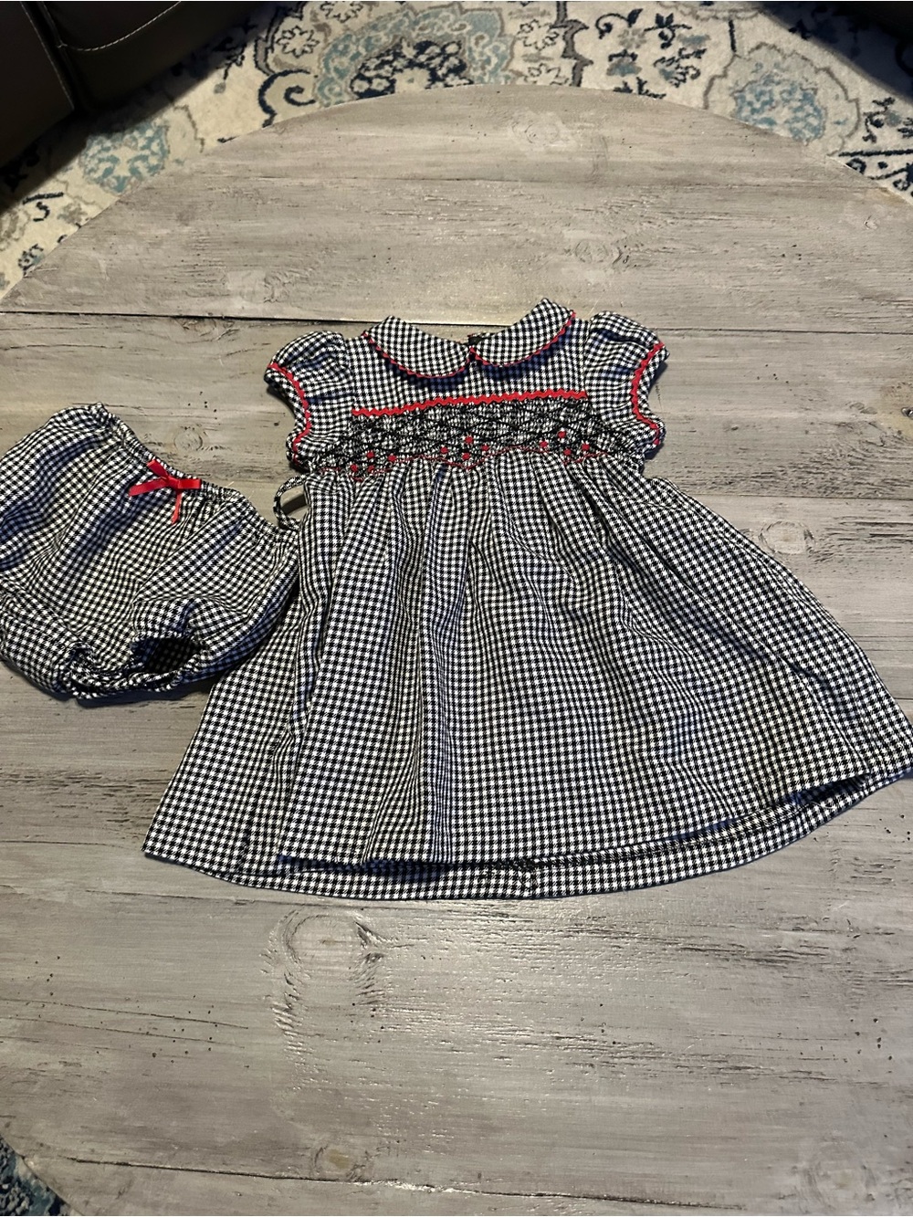 Bonnie Baby Black and White Gingham Smocked Dress with Red Trim